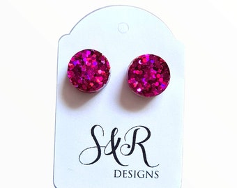 Hot Pink Circle Dot Resin Stud Earrings, Hot Pink Glitter Earrings. Stainless Steel Stud Earrings. 15mm, 12mm, 10mm or 8mm