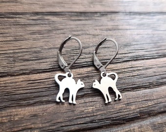 Silver Cat Dangle Earrings: Stainless Steel Leverback, Hypoallergenic