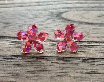 Flower Resin Earrings, Pink Purple Heart Glitter Earrings