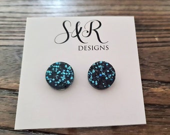Ice Blue Circle Dot Resin Stud Earrings, Black Blue Glitter Earrings. Stainless Steel Stud Earrings. 8mm,  10mm, 12mm or 15mm