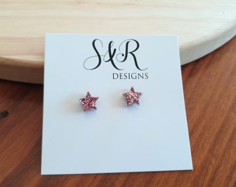 Pink Silver Mix Star Resin Stud Earrings, Pink and Silver Mix Glitter Star. Stainless Steel Minimalist Stud Earrings.