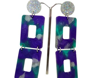 Long Square Statement Glitter Earrings, Long Resin Dangles, Holographic Silver Glitter with Purple, Teal Silver Colour Earrings