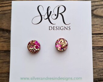 Circle Dot Resin Stud Earrings, Pink Gold Glitter Earrings. Stainless Steel Stud Earrings. 12mm, 10mm or 8mm