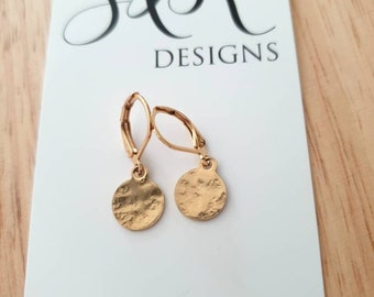 Gold Hammered Circle Disc Leverback Drop Earrings, Coin Disc Hoops, 10mm Disc Hooks, Stainless Steel Dangle Leverback, Minimalist Earrings