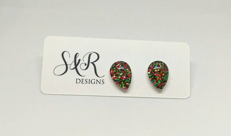 Teardrop Red Green Glitter Earrings, Sparkly Christmas Studs, Teardrops Glass Glitter Resin Studs, made of Stainless Steel 10mm X 15mm image 3