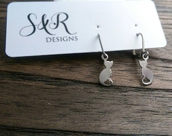 Tiny Cat Earrings, Stainless Steel Dangle Leverback Cat Earrings.