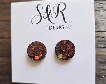 Circle Resin Stud Earrings: Brown Glitter Stainless Steel (10mm, 12mm, 15mm or 8mm)