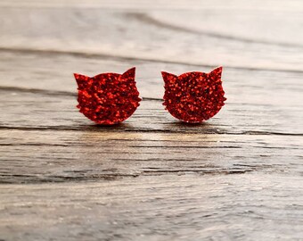 Cat Earrings, Cat Resin Stud Earrings, Red Glitter Cat Glitter Earrings made with Stainless Steel.