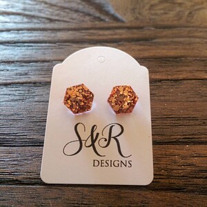 Hexagon Resin Stud Earrings, Rose Gold Copper Earrings. Stainless Steel Stud Earrings. 10mm or 6mm image 5