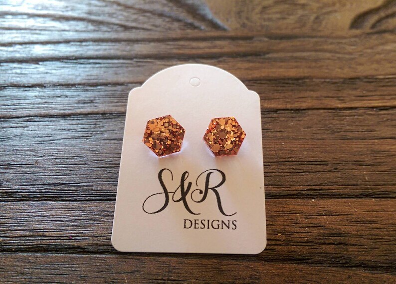 Hexagon Resin Stud Earrings, Rose Gold Copper Earrings. Stainless Steel Stud Earrings. 10mm or 6mm image 5