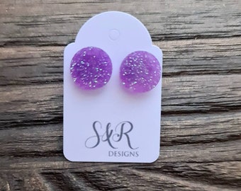 Circle Dot Resin Stud Earrings, Light Purple Silver Holographic Glitter Earrings. Minimalist Stainless Steel Stud Earrings. 12mm,10mm or 8mm