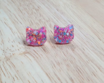 Lolly Pop Glitter Cat Earrings, Cat Resin Stud Earrings, Aqua Blue Orange White Pink Mix Earrings, Cat Earrings made with Stainless Steel.