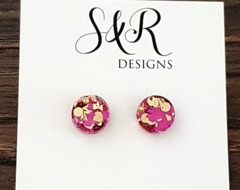 Hot Pink Gold Circle Dot Resin Stud Earrings, Hot Pink and Gold Mix Glitter Earrings. Stainless Steel Stud Earrings. 12mm, 10mm or 8mm