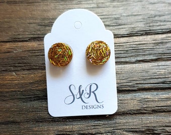 Circle Dot Resin Stud Earrings, Gold Holographic Glitter Earrings. Stainless Steel Stud Earrings. 8mm, 10mm, 12mm or 15mm