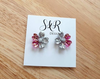Sakura Cherry Blossom Stud Earrings: Silver, Hot Pink & Gold Resin