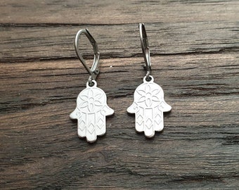 Hamsa Hand Leverback Earrings, Stainless Steel Dangle Leverback, threaders or Hook Earrings.