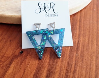 Blue Opal Design Triangle Dangle Earrings, Blue Mixed Glitter Resin Triangles, Stainless Steel Earrings, Statement Gift Earrings