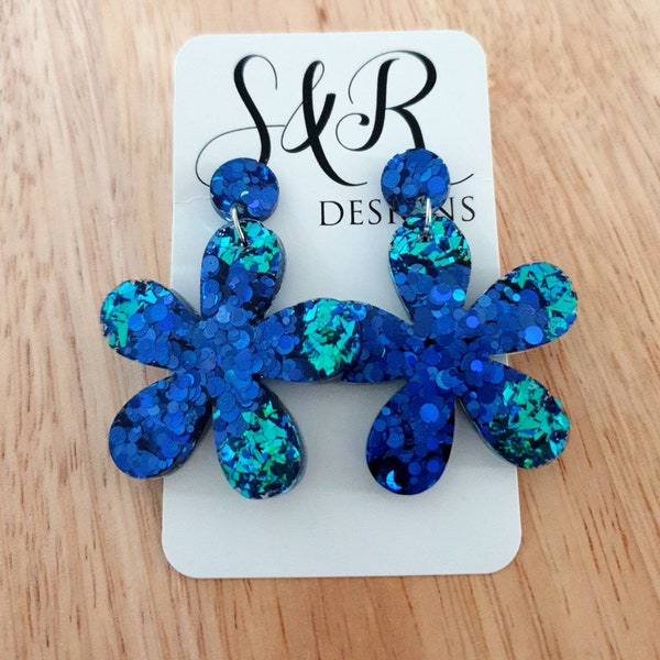 Electric Blue Flower Drop Earrings, Large Flower Resin Dangles, Electric Blue and Electrifying Blue Shards Glitter Flower, Stainless Steel