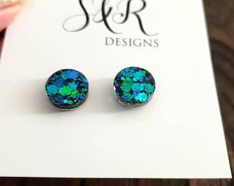 Emerald Green Blue Circle Dot Resin Stud Earrings, Chameleon Glitter Earrings. Stainless Steel Minimalist Studs. 15mm, 12mm, 10mm or 8mm