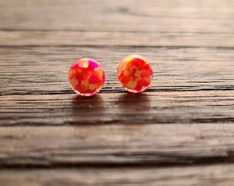 Circle Dot Resin Stud Earrings, Neon Pink Orange Yellow Mix Glitter Earrings. Stainless Steel Stud Earrings. 12mm, 10mm or 8mm