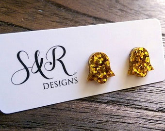 Bell Flower Resin Stud Earrings, Gold Glitter Earrings. Stainless Steel Stud Earrings.