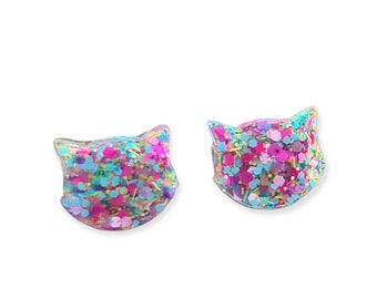 Cat Earrings, Cat Resin Stud Earrings, Hot Pink, Pastel Pink, Blue, Purple, White Earrings, Cat Glitter Earrings made with Stainless Steel.