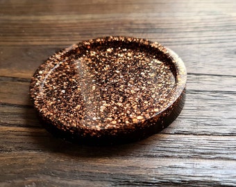 Resin Trinket Ring Dish, Coaster Black Rosegold Copper Glitter Mix