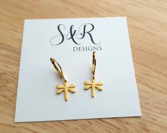 Minimalist Gold Dragonfly Leverback Earrings, Gold Stainless Steel Dangle Leverback, Hoop or Earwire Hook Earrings.