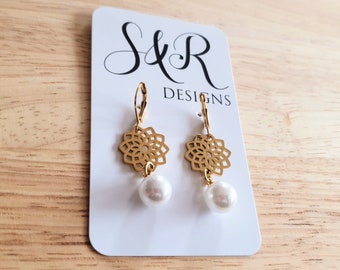 Gold Flower with Faux Pearl Leverback Earrings, Stainless Steel Statement Dangle Drop Minimalist Earrings. Pearl Drops.