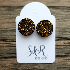 Circle Dot Resin Stud Earrings, Black Gold Glitter Earrings. Stainless Steel Stud Earrings. 8mm,  10mm, 12mm or 15mm