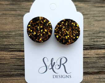 Circle Dot Resin Stud Earrings, Black Gold Glitter Earrings. Stainless Steel Stud Earrings. 8mm,  10mm, 12mm or 15mm