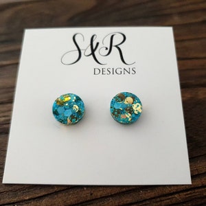 Blue Gold Circle Dot Resin Stud Earrings, Blue and Gold Mix Glitter Earrings. Stainless Steel Stud Earrings. 12mm, 10mm or 8mm