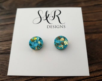 Blue Gold Circle Dot Resin Stud Earrings, Blue and Gold Mix Glitter Earrings. Stainless Steel Stud Earrings. 12mm, 10mm or 8mm