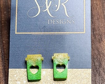 Coffee Cup Stud Earrings: Green Glitter Resin Stainless Steel