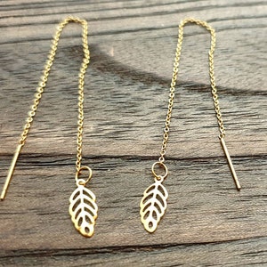 Dainty Gold Leaf Threader Earrings: Stainless Steel Dangle