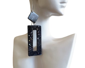 Rectangle Long Dangle Latchback Earwire Earrings, Black Holographic Glitter Resin Dangle, Stainless Steel, Statement Earrings