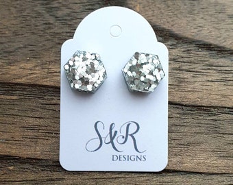 Hexagon Resin Stud Earrings, Silver Glitter Earrings. Stainless Steel Stud Earrings. 10mm