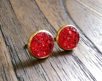 Red Faux Druzy Stud Earrings, Gold Plated Stainless Steel Earrings 12mm