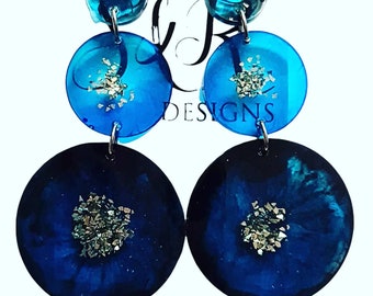 Blue Circle Long Resin Earrings, Blue Flower Design Statement Oversized Earrings, Bridal Earrings, Stainless Steel Earrings.