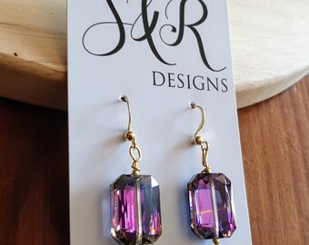 Statement Purple Pink Blue Rectangle Drop Earrings, Multicoloured Glass Hook Earwire Gold Earrings, Stainless Steel