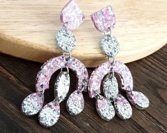 Large Oversized Chandelier Dangle Earrings, Pink and Silver Holographic Glitter Dangles, Statement Long Earrings