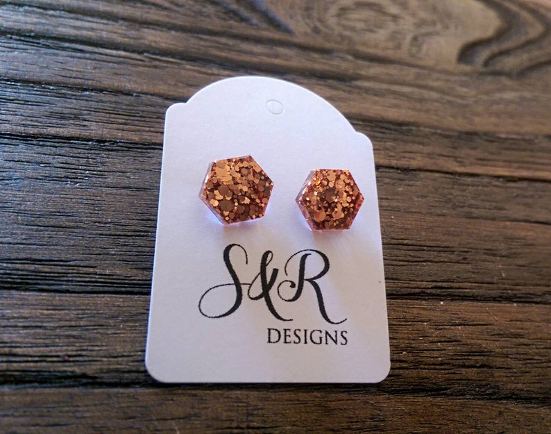 Hexagon Resin Stud Earrings, Rose Gold Copper Earrings. Stainless Steel Stud Earrings. 10mm or 6mm image 2