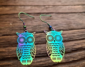 Rainbow Owl Earrings, Filigree Owl Dangle Hook Earrings Anodized or Stainless Steel Leverback