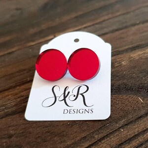Burgundy Red Mirror Acrylic Circle Stud Earrings: Stainless Steel