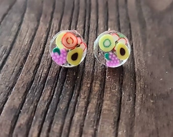 Fruit Salad Dot Resin Stud Earrings, Grapes, Avocado, Kiwi, Apple. Stainless Steel, Polymer Clay Resin Minimalist Stud Earrings.