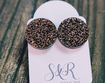 Black Copper Glitter Circle Stud Earrings, Acrylic Earrings, Stainless Steel Earrings. 15mm