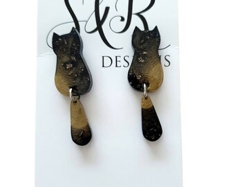 Black Gold Cat Dangle Earrings, Cat with Moving Tail Long Earrings, Black and Gold Leaf Resin Earrings, Cat Earrings Stainless Steel.