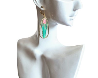 Statement Earrings, Pink Green Tulip Flower Dangle Drop Leaverback Earrings, Handmade Resin Dangles, Stainless Steel