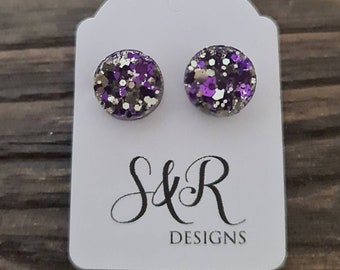 Circle Dot Resin Stud Earrings, Purple Silver Glitter Earrings. Stainless Steel Stud Earrings. 15mm, 12mm, 10mm or 8mm