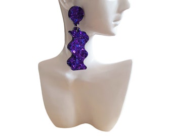 Purple Wave Dangle Drop Earrings, Purple Mix Glitters, Statement Handmade Resin Earrings